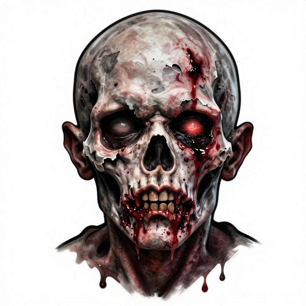 A chilling zombie skull with decaying flesh and glowing red eye in a horror style.