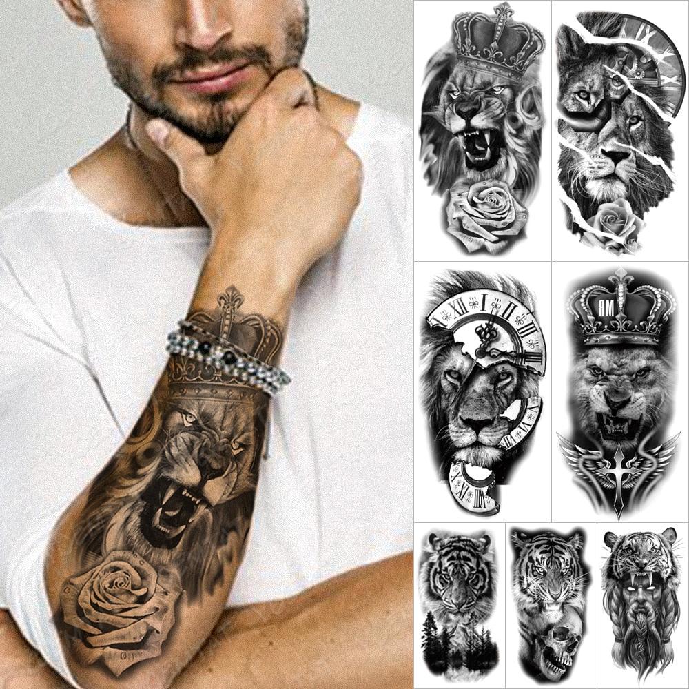 Elegant Black Waterproof Temporary Tattoo Sticker Lion Tiger Bear Flash Tattoos Leopard Wolf Colorful Big Tattoo Stickers For Mens Womens - TaTTTy