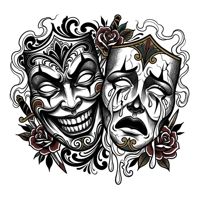 smile now cry later mask design with roses and ornate details on a white background