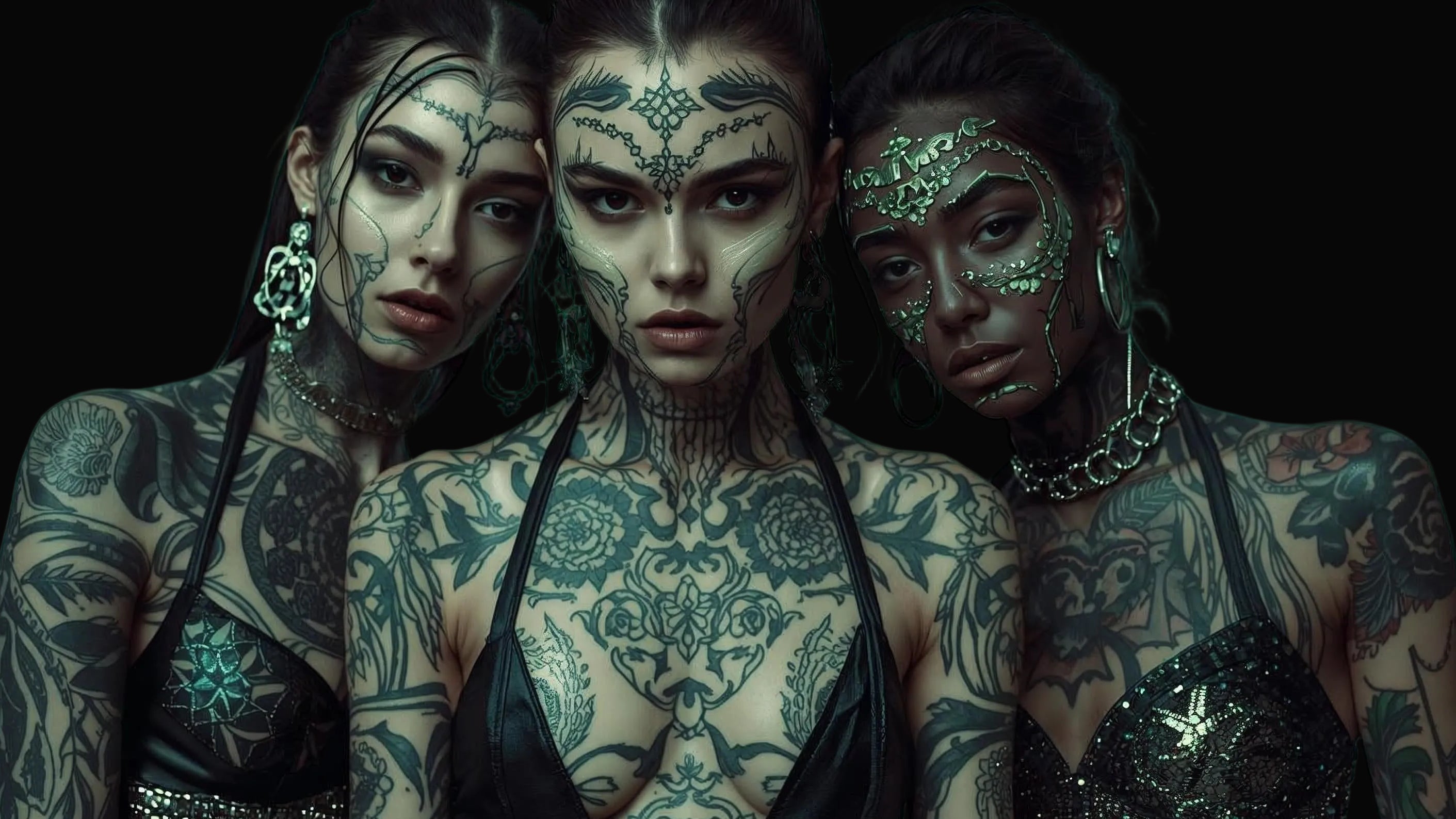 Three women with intricate tattoos on a green background