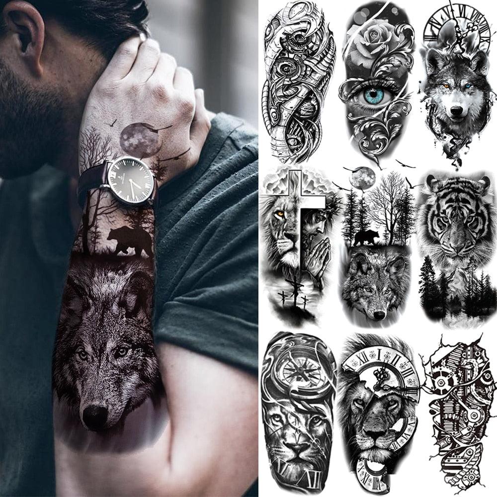 Luxury Black Forest Tiger Wolf Tattoo Sticker Temporary Tattoo Animals Colorful Big Tattoo Stickers For Mens Womens - TaTTTy