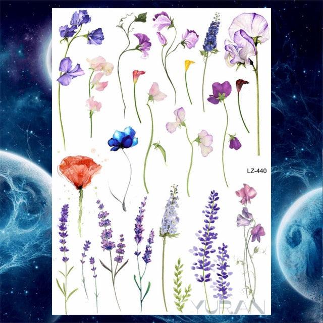 Luxury Colorful Flower Lavender Waterproof Temporary Tattoos Animals Arm Chest Tattoo Stickers Elegant Summer Style For Womens Mens - TaTTTy