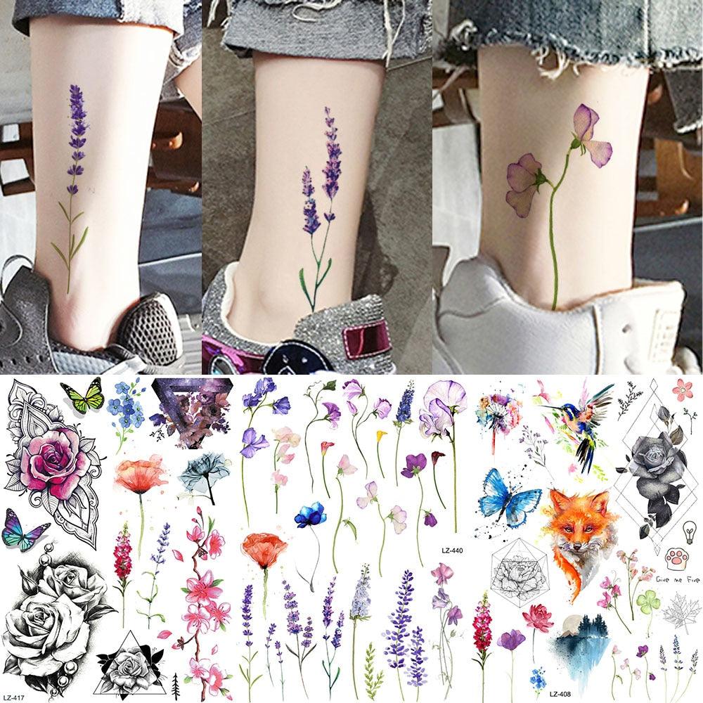 Luxury Colorful Flower Lavender Waterproof Temporary Tattoos Animals Arm Chest Tattoo Stickers Elegant Summer Style For Womens Mens - TaTTTy