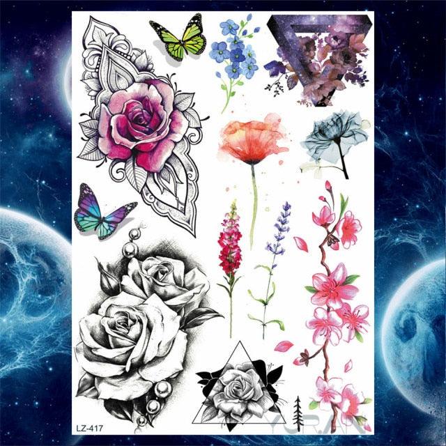 Luxury Colorful Flower Lavender Waterproof Temporary Tattoos Animals Arm Chest Tattoo Stickers Elegant Summer Style For Womens Mens - TaTTTy