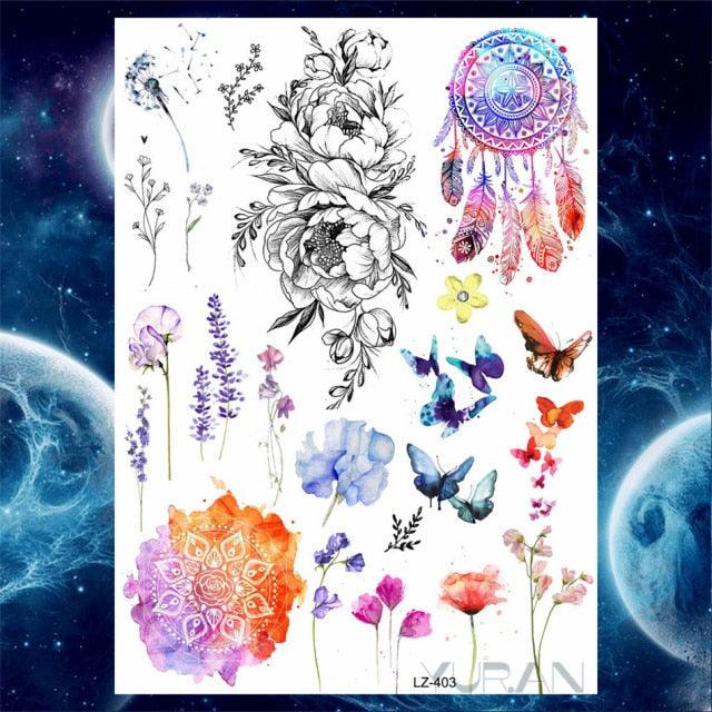Luxury Colorful Flower Lavender Waterproof Temporary Tattoos Animals Arm Chest Tattoo Stickers Elegant Summer Style For Womens Mens - TaTTTy