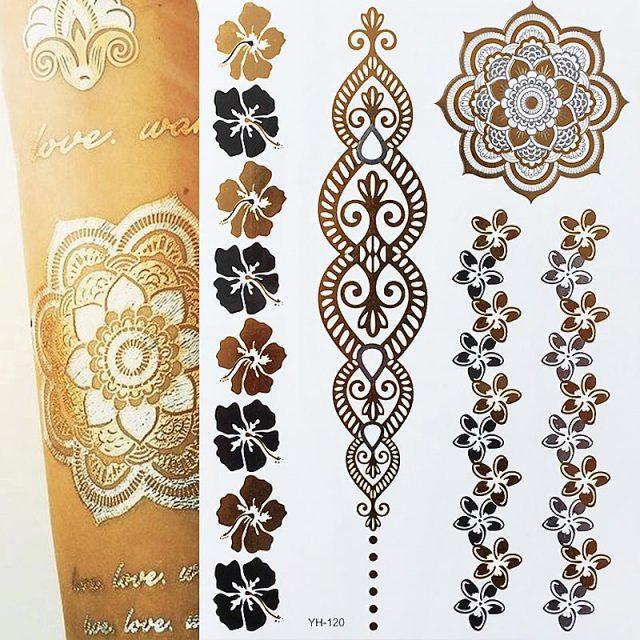 Luxury Flash Metallic Waterproof Temporary Tattoo Gold Silver Flower Tattoo Sticker Long Lasting Gold Design For Womens - TaTTTy