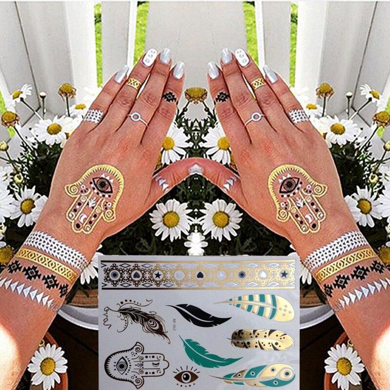 Luxury Flash Metallic Waterproof Temporary Tattoo Gold Silver Flower Tattoo Sticker Long Lasting Gold Design For Womens - TaTTTy