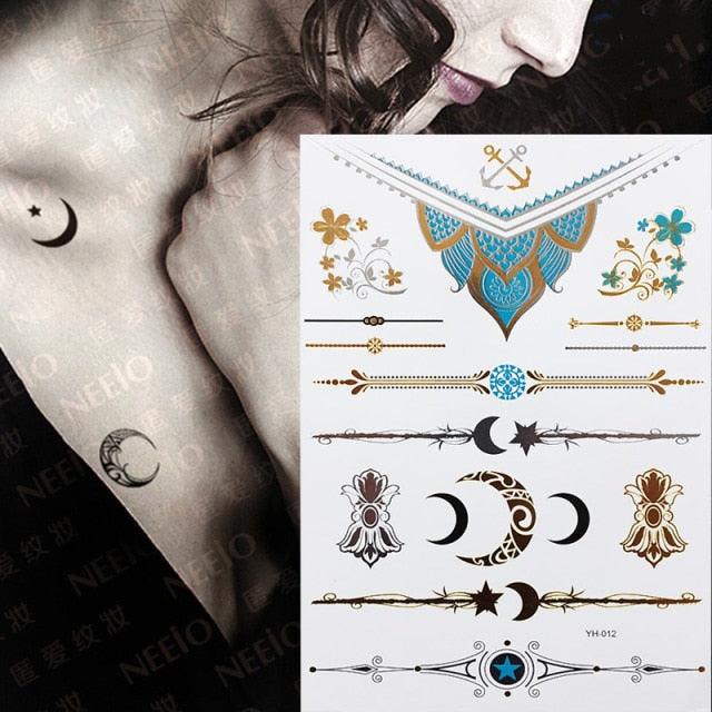 Luxury Flash Metallic Waterproof Temporary Tattoo Gold Silver Flower Tattoo Sticker Long Lasting Gold Design For Womens - TaTTTy