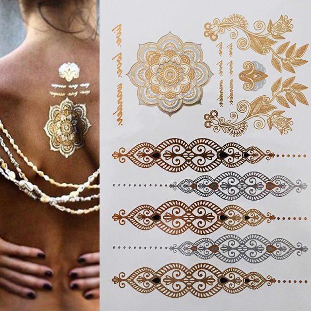 Luxury Flash Metallic Waterproof Temporary Tattoo Gold Silver Flower Tattoo Sticker Long Lasting Gold Design For Womens - TaTTTy