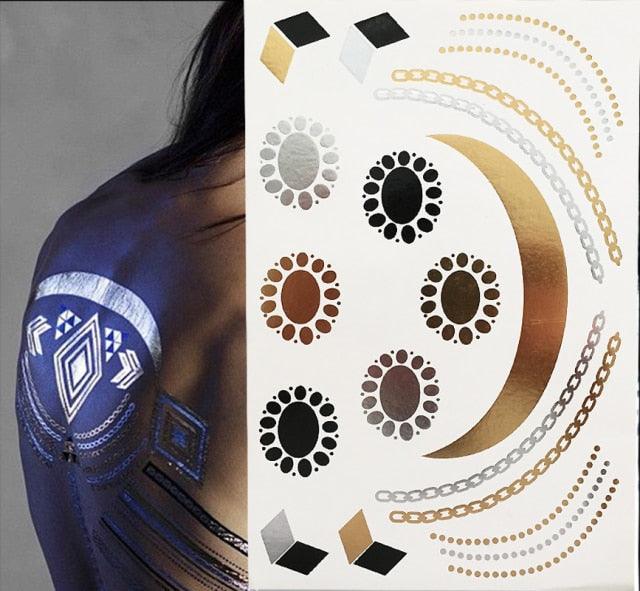 Luxury Flash Metallic Waterproof Temporary Tattoo Gold Silver Flower Tattoo Sticker Long Lasting Gold Design For Womens - TaTTTy