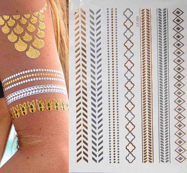 Luxury Flash Metallic Waterproof Temporary Tattoo Gold Silver Flower Tattoo Sticker Long Lasting Gold Design For Womens - TaTTTy