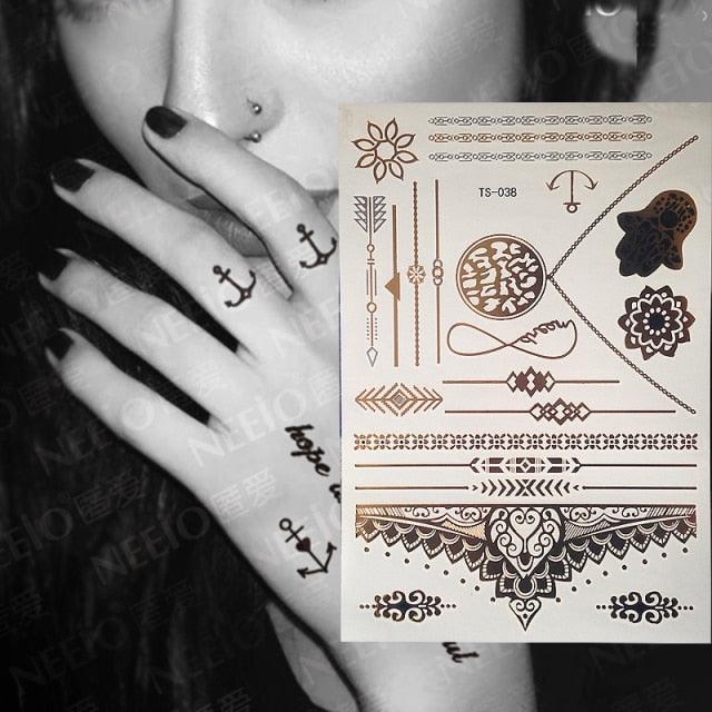 Luxury Flash Metallic Waterproof Temporary Tattoo Gold Silver Flower Tattoo Sticker Long Lasting Gold Design For Womens - TaTTTy