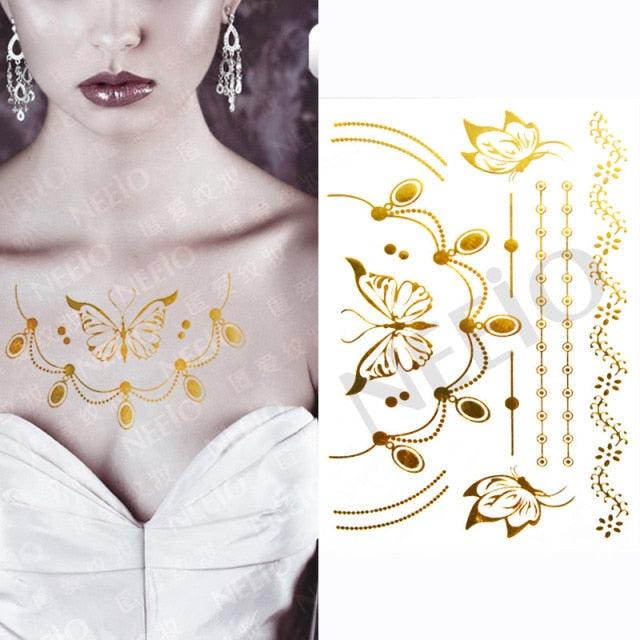 Luxury Flash Metallic Waterproof Temporary Tattoo Gold Silver Flower Tattoo Sticker Long Lasting Gold Design For Womens - TaTTTy