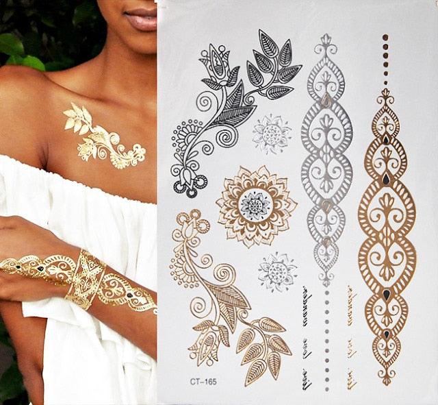 Luxury Flash Metallic Waterproof Temporary Tattoo Gold Silver Flower Tattoo Sticker Long Lasting Gold Design For Womens - TaTTTy