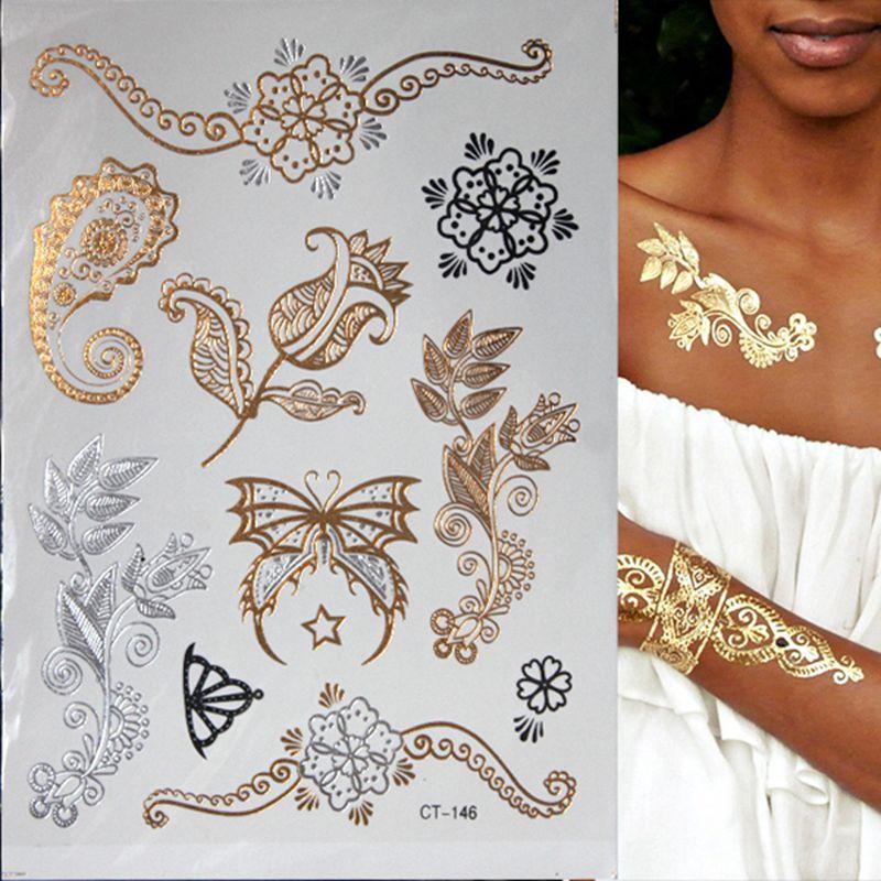 Luxury Flash Metallic Waterproof Temporary Tattoo Gold Silver Flower Tattoo Sticker Long Lasting Gold Design For Womens - TaTTTy