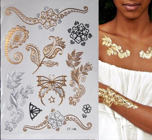 Luxury Flash Metallic Waterproof Temporary Tattoo Gold Silver Flower Tattoo Sticker Long Lasting Gold Design For Womens - TaTTTy