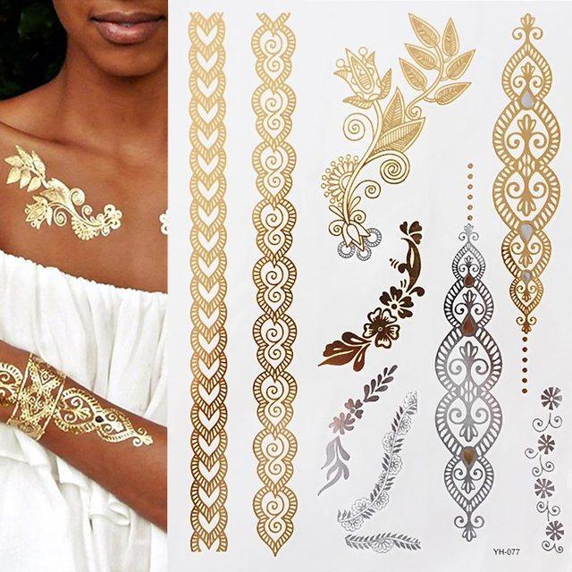 Luxury Flash Metallic Waterproof Temporary Tattoo Gold Silver Flower Tattoo Sticker Long Lasting Gold Design For Womens - TaTTTy