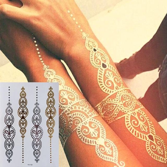 Luxury Flash Metallic Waterproof Temporary Tattoo Gold Silver Flower Tattoo Sticker Long Lasting Gold Design For Womens - TaTTTy