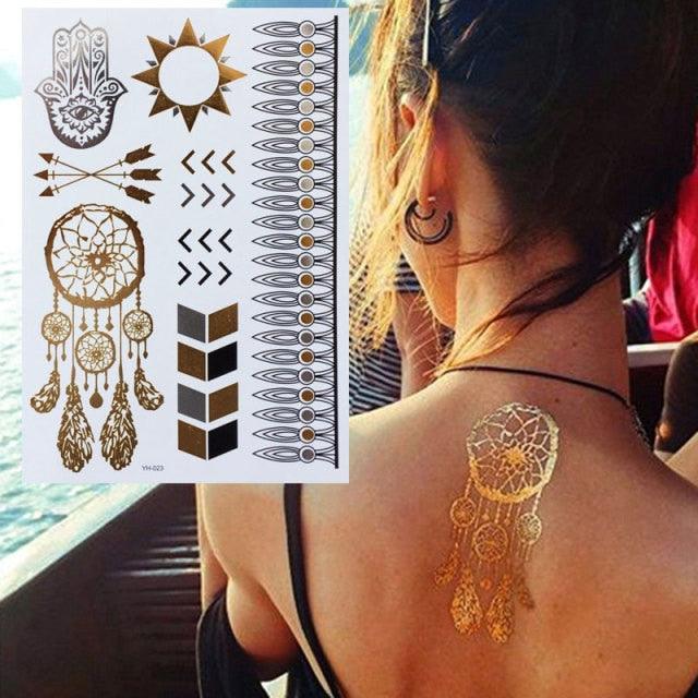 Luxury Flash Metallic Waterproof Temporary Tattoo Gold Silver Flower Tattoo Sticker Long Lasting Gold Design For Womens - TaTTTy