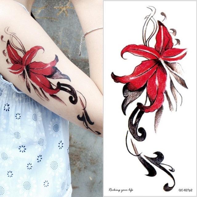 Waterproof Red Flowers Tattoo Multi-Colored Temporary Sticker Flower Lotus Tattoo Elegant Big Design For Womens - TaTTTy