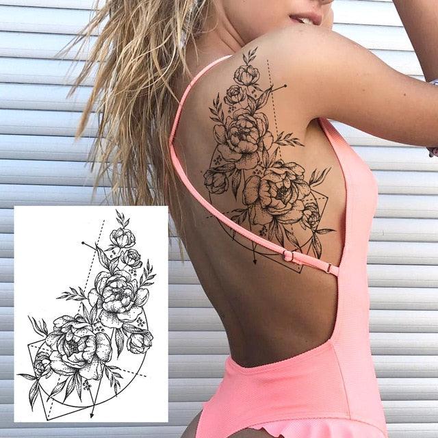Realistic Big Flower Temporary Waterproof Sticker Tattoos For Body Painting Arm Legs Fake Black Rose Tattoos For Womens - TaTTTy