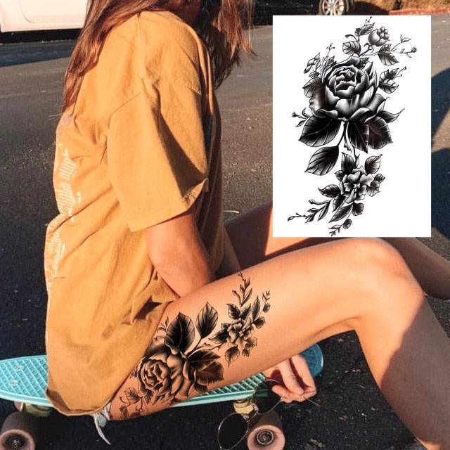 Realistic Big Flower Temporary Waterproof Sticker Tattoos For Body Painting Arm Legs Fake Black Rose Tattoos For Womens - TaTTTy