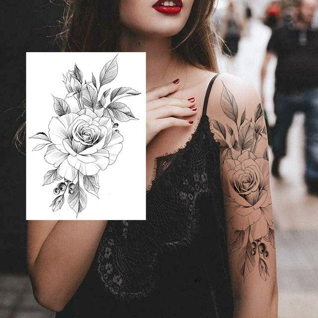 Realistic Big Flower Temporary Waterproof Sticker Tattoos For Body Painting Arm Legs Fake Black Rose Tattoos For Womens - TaTTTy