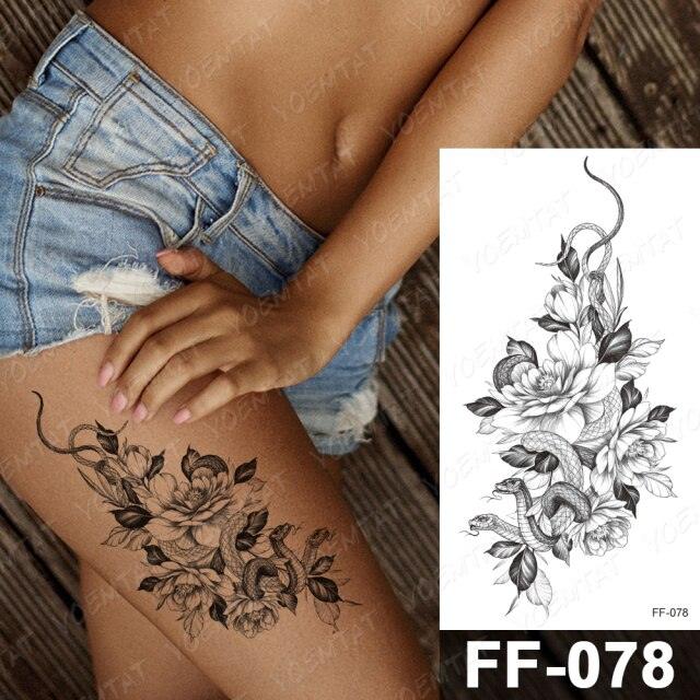 Waterproof Temporary Black Tattoo Sticker Peony Flower Snake Sketch Luxury Big Tattoo For Womens - TaTTTy