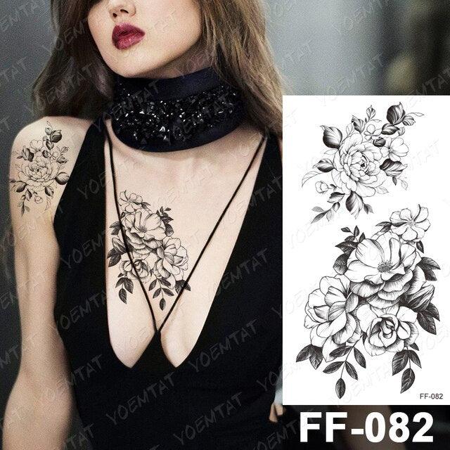 Waterproof Temporary Black Tattoo Sticker Peony Flower Snake Sketch Luxury Big Tattoo For Womens - TaTTTy