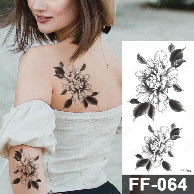 Waterproof Temporary Black Tattoo Sticker Peony Flower Snake Sketch Luxury Big Tattoo For Womens - TaTTTy