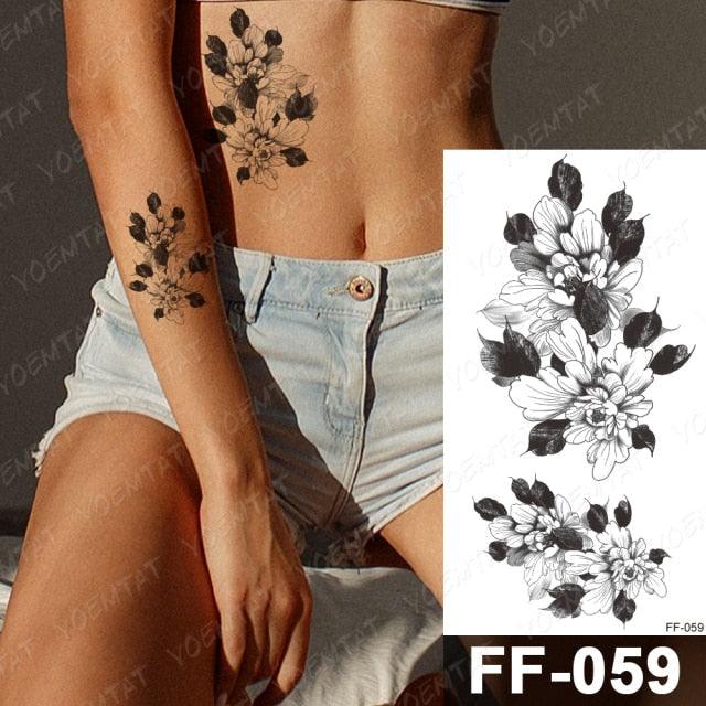 Waterproof Temporary Black Tattoo Sticker Peony Flower Snake Sketch Luxury Big Tattoo For Womens - TaTTTy