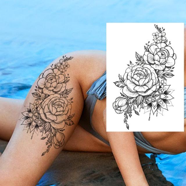 Realistic Big Flower Temporary Waterproof Sticker Tattoos For Body Painting Arm Legs Fake Black Rose Tattoos For Womens - TaTTTy