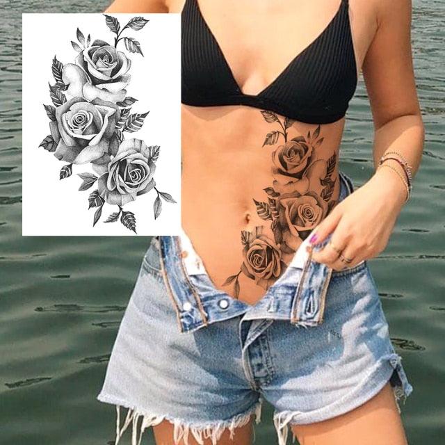 Realistic Big Flower Temporary Waterproof Sticker Tattoos For Body Painting Arm Legs Fake Black Rose Tattoos For Womens - TaTTTy