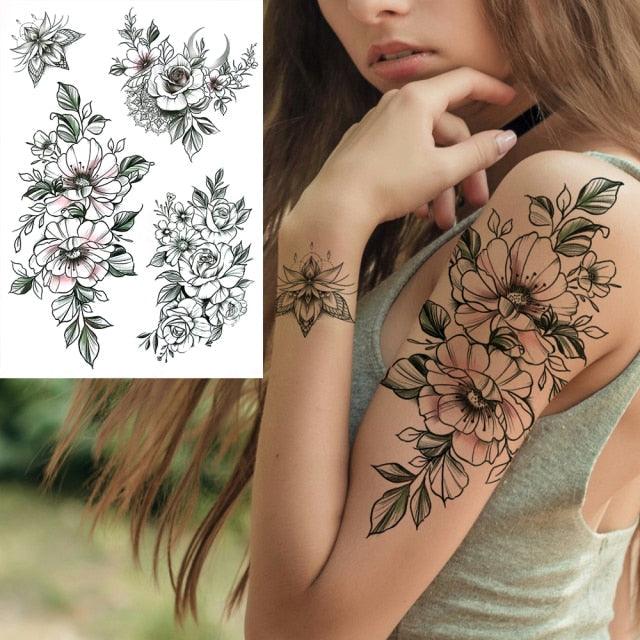 Realistic Big Flower Temporary Waterproof Sticker Tattoos For Body Painting Arm Legs Fake Black Rose Tattoos For Womens - TaTTTy