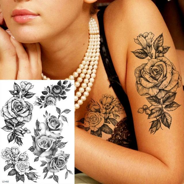 Realistic Big Flower Temporary Waterproof Sticker Tattoos For Body Painting Arm Legs Fake Black Rose Tattoos For Womens - TaTTTy
