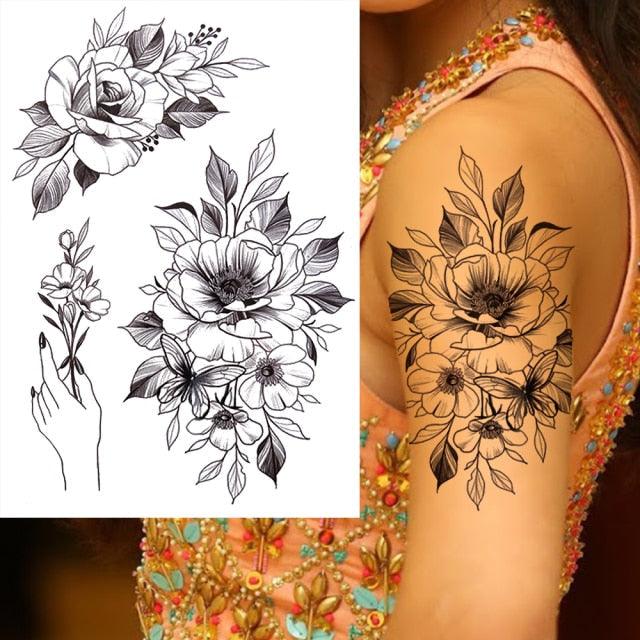 Realistic Big Flower Temporary Waterproof Sticker Tattoos For Body Painting Arm Legs Fake Black Rose Tattoos For Womens - TaTTTy
