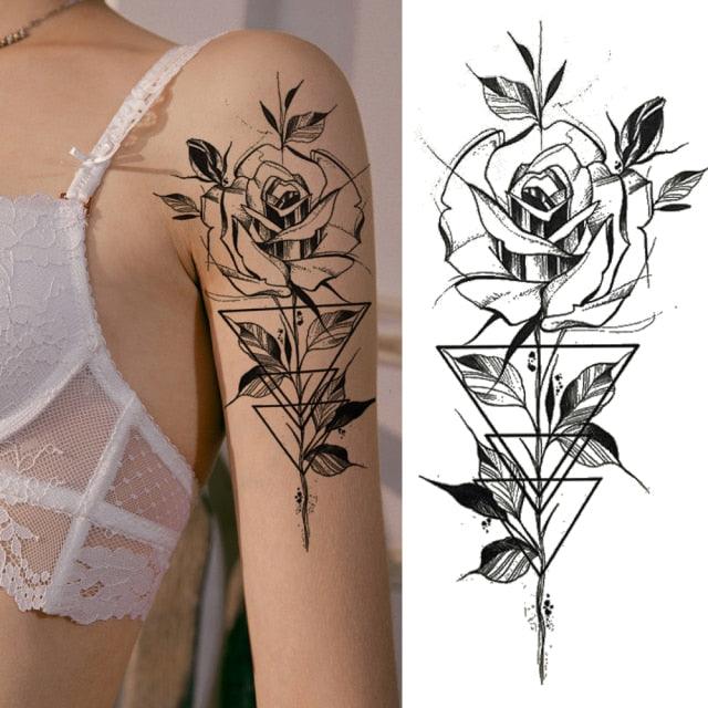 Women's Fashion Flower Temporary Tattoos Sticker Fake Rose Waterproof Large Realistic Black Colorful Flowers Tattoos - TaTTTy