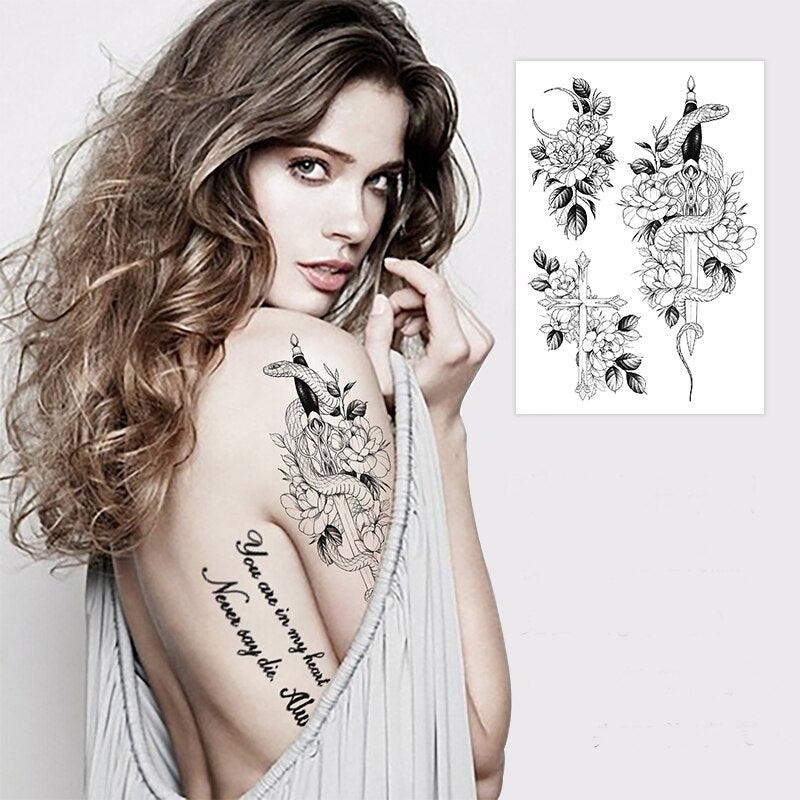 49 Sheets Waterproof Temporary Black Sketches Flowers Tattoo Stickers Flower Rose Tattoos For Women Adults - TaTTTy