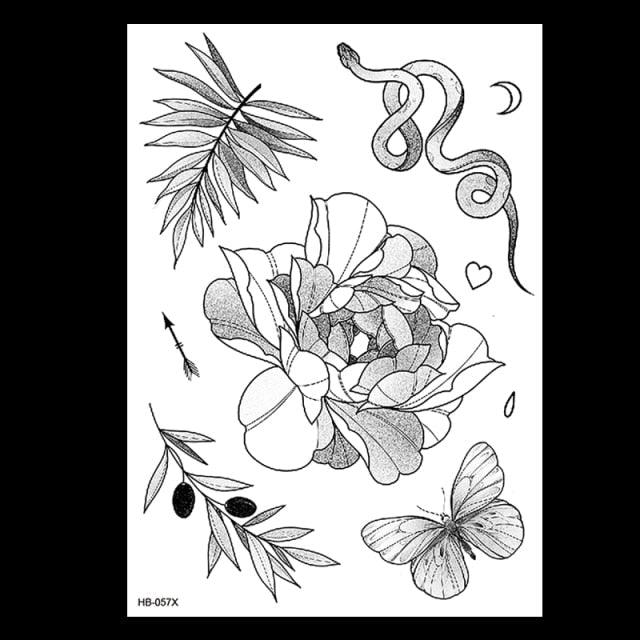 49 Sheets Waterproof Temporary Black Sketches Flowers Tattoo Stickers Flower Rose Tattoos For Women Adults - TaTTTy