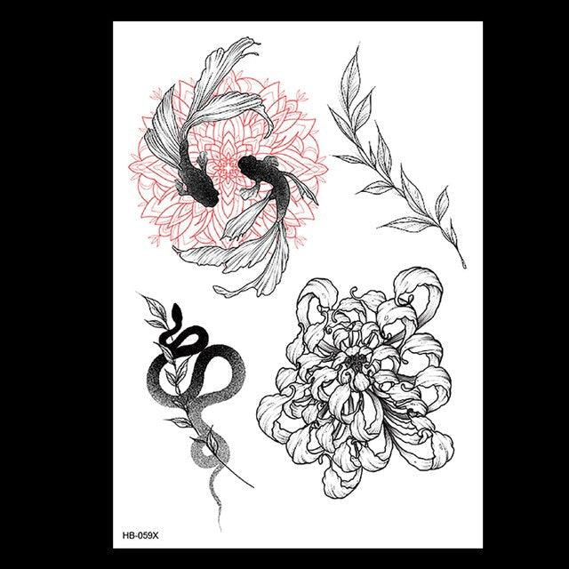 49 Sheets Waterproof Temporary Black Sketches Flowers Tattoo Stickers Flower Rose Tattoos For Women Adults - TaTTTy