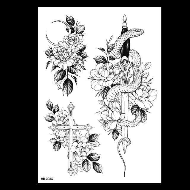 49 Sheets Waterproof Temporary Black Sketches Flowers Tattoo Stickers Flower Rose Tattoos For Women Adults - TaTTTy