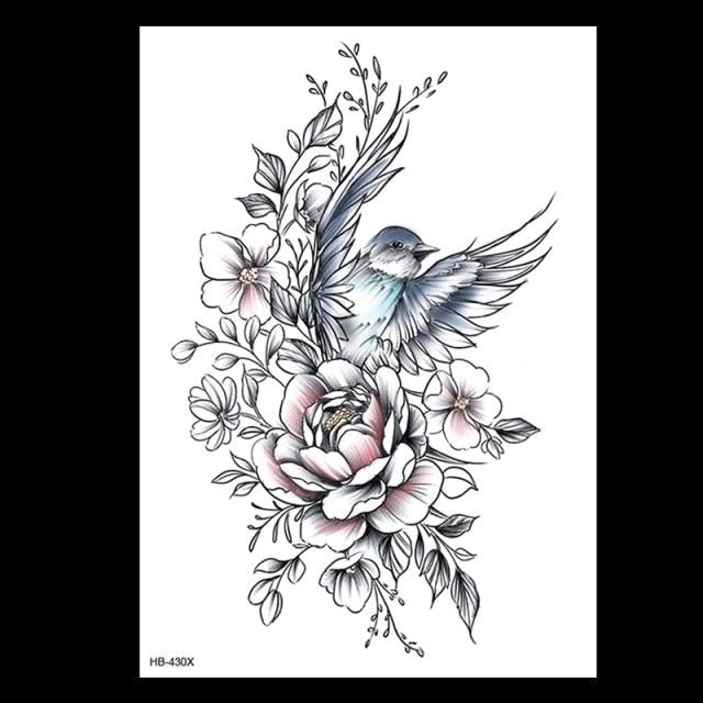49 Sheets Waterproof Temporary Black Sketches Flowers Tattoo Stickers Flower Rose Tattoos For Women Adults - TaTTTy