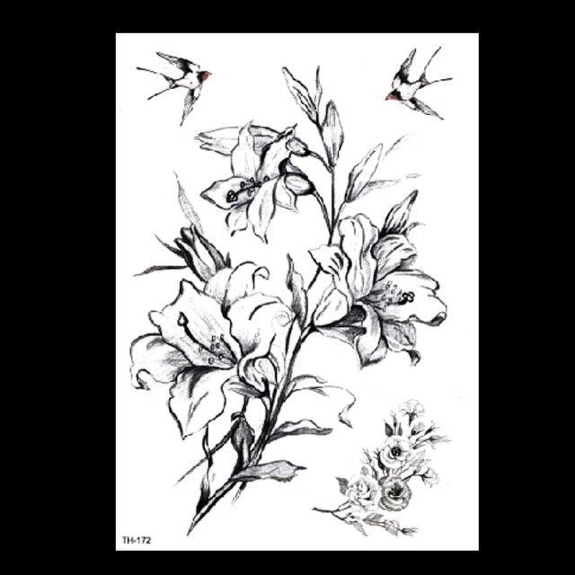 49 Sheets Waterproof Temporary Black Sketches Flowers Tattoo Stickers Flower Rose Tattoos For Women Adults - TaTTTy