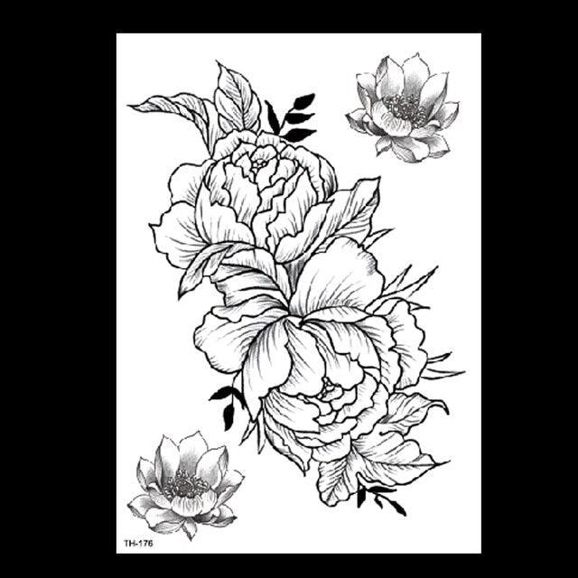 49 Sheets Waterproof Temporary Black Sketches Flowers Tattoo Stickers Flower Rose Tattoos For Women Adults - TaTTTy