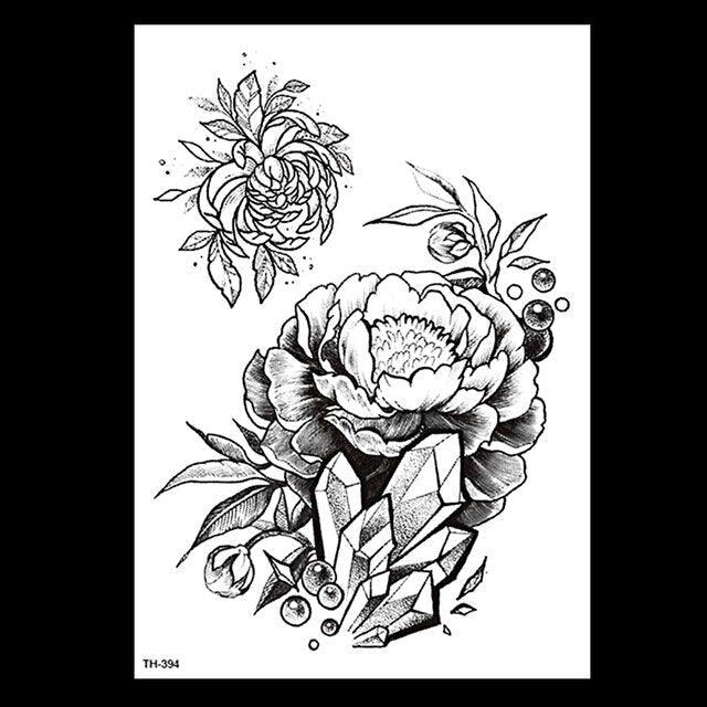 49 Sheets Waterproof Temporary Black Sketches Flowers Tattoo Stickers Flower Rose Tattoos For Women Adults - TaTTTy