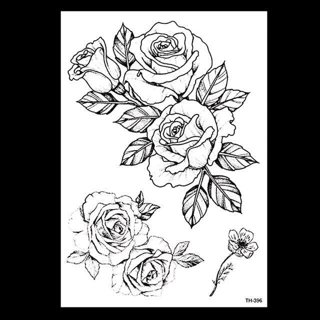 49 Sheets Waterproof Temporary Black Sketches Flowers Tattoo Stickers Flower Rose Tattoos For Women Adults - TaTTTy