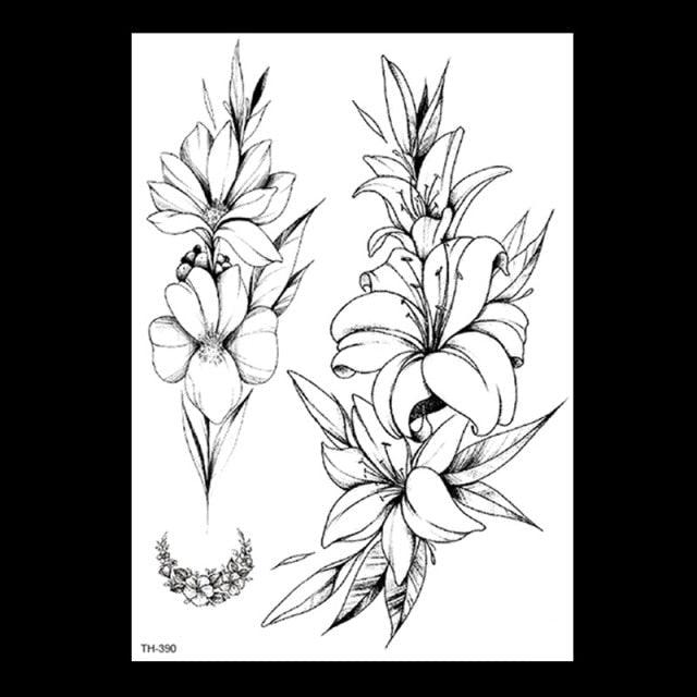 49 Sheets Waterproof Temporary Black Sketches Flowers Tattoo Stickers Flower Rose Tattoos For Women Adults - TaTTTy