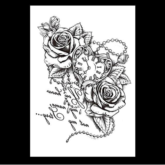 49 Sheets Waterproof Temporary Black Sketches Flowers Tattoo Stickers Flower Rose Tattoos For Women Adults - TaTTTy
