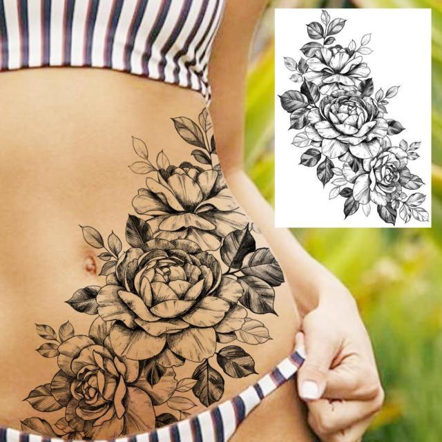 Realistic Big Flower Temporary Waterproof Sticker Tattoos For Body Painting Arm Legs Fake Black Rose Tattoos For Womens - TaTTTy