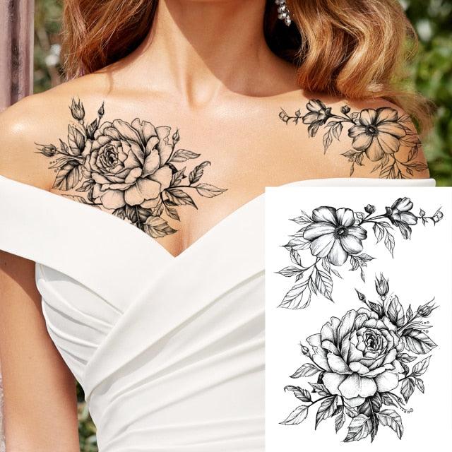 Realistic Big Flower Temporary Waterproof Sticker Tattoos For Body Painting Arm Legs Fake Black Rose Tattoos For Womens - TaTTTy